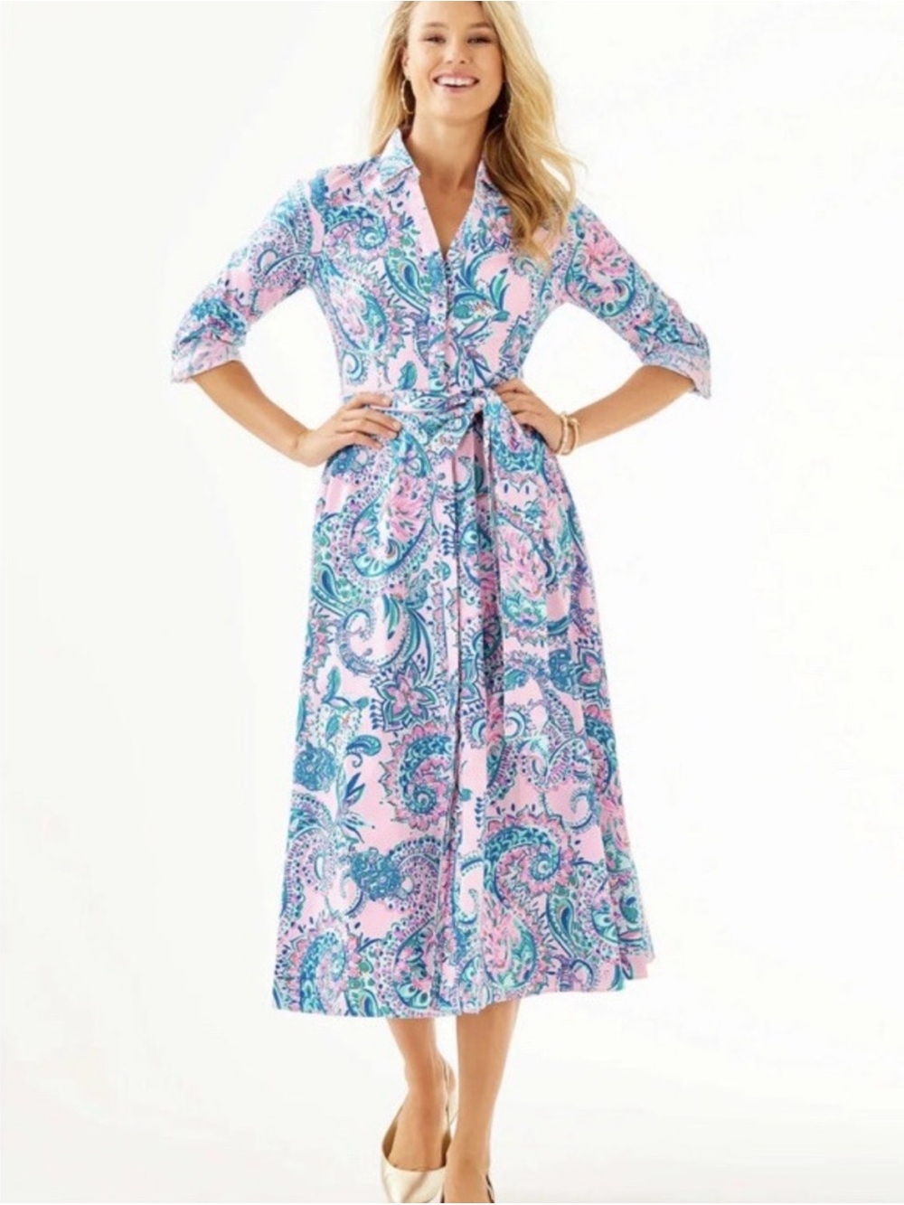 Lilly Pulitzer Pink, Blue & Teal Paisley Midi Shirt Dress